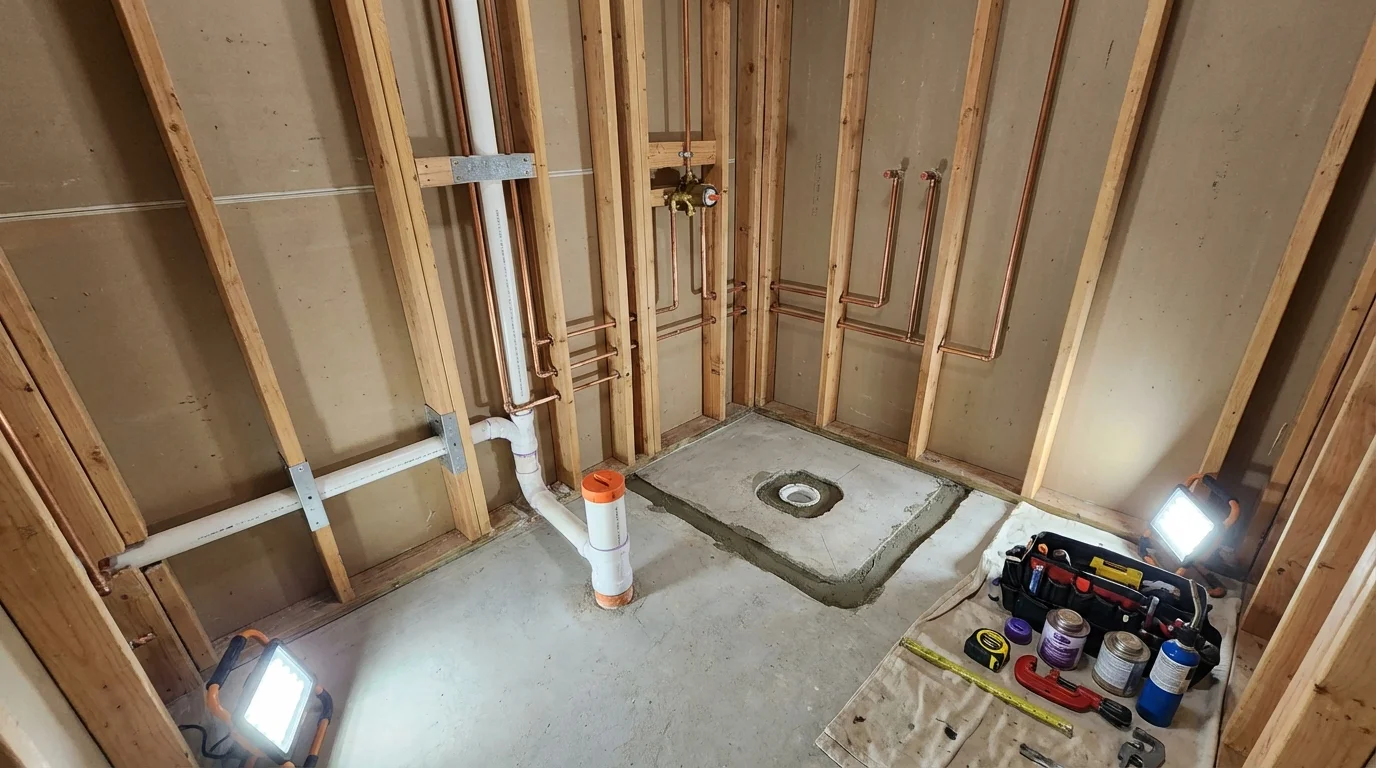 Bathroom rough-in plumbing during remodel by Johns Plumbing LLC in Dakota City