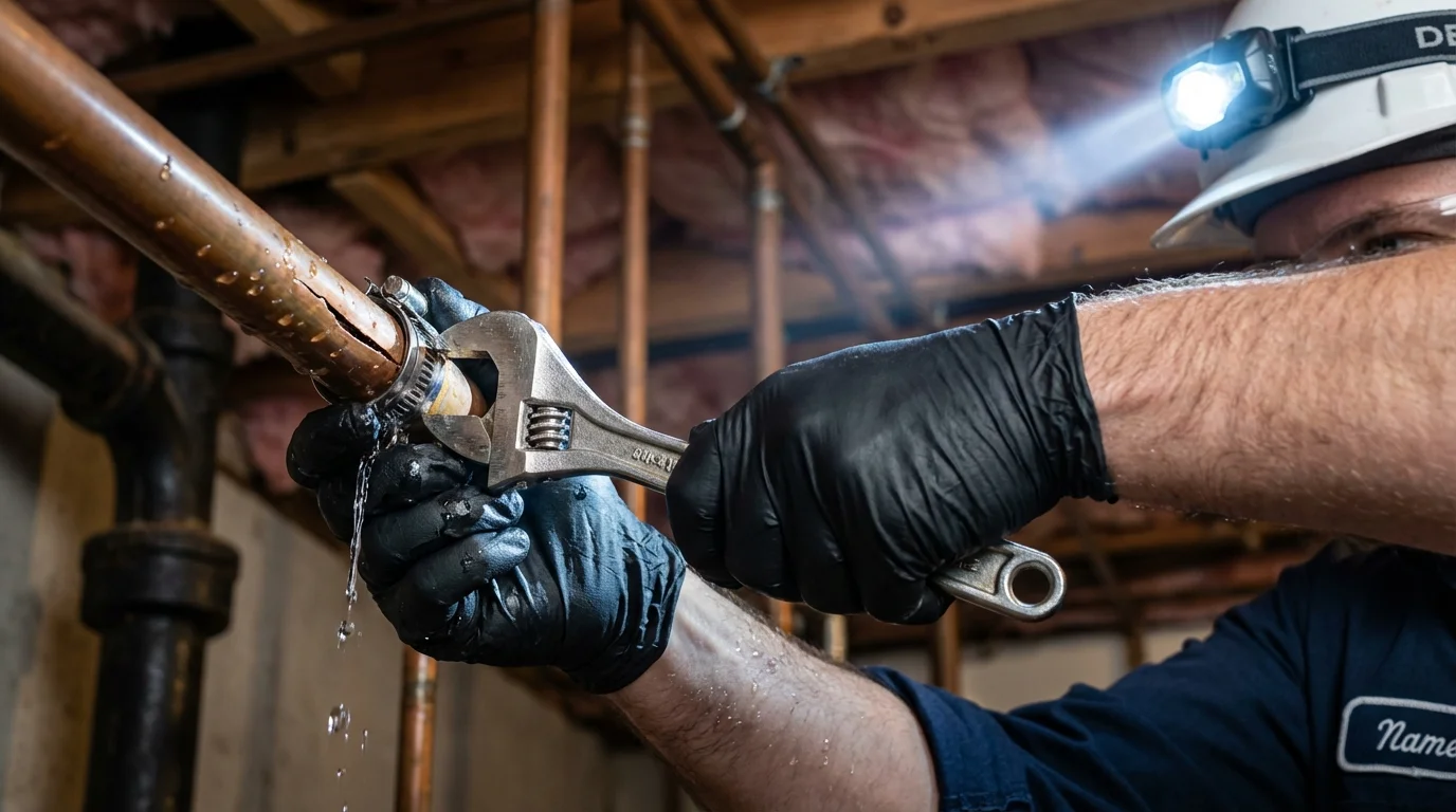 Emergency pipe clamp repair being performed by a Johns Plumbing LLC plumber in Dakota City
