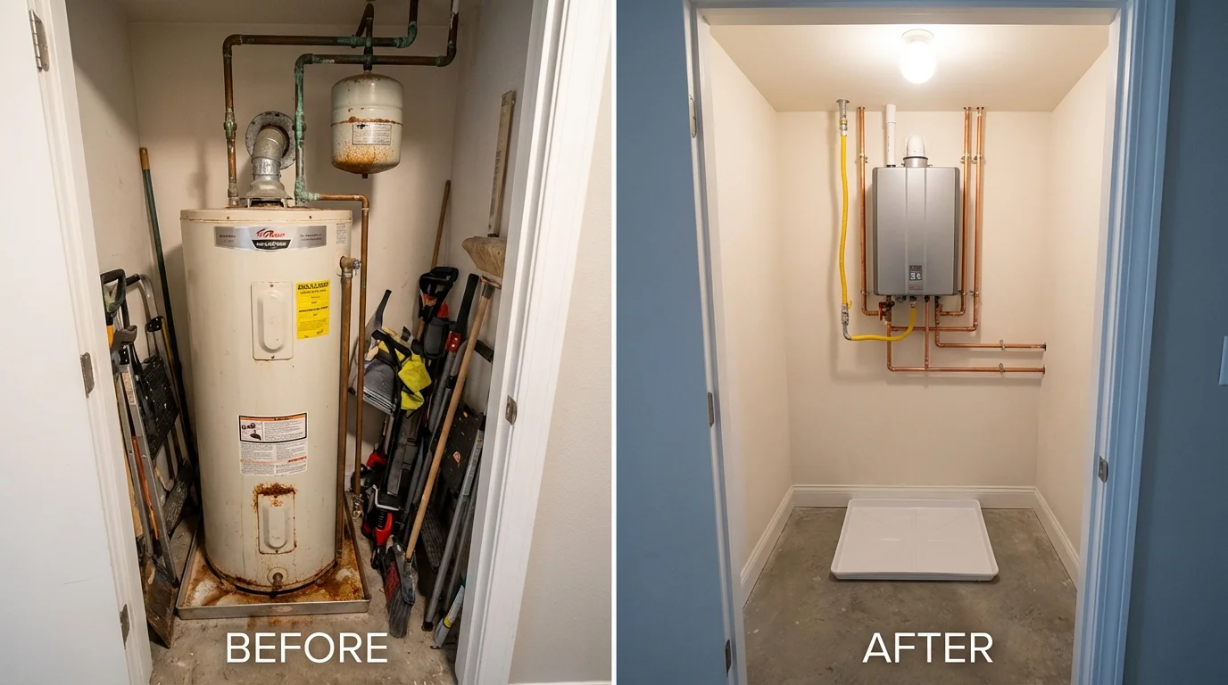 Tank water heater versus wall-mounted tankless unit comparison for Dakota City, NE homeowners