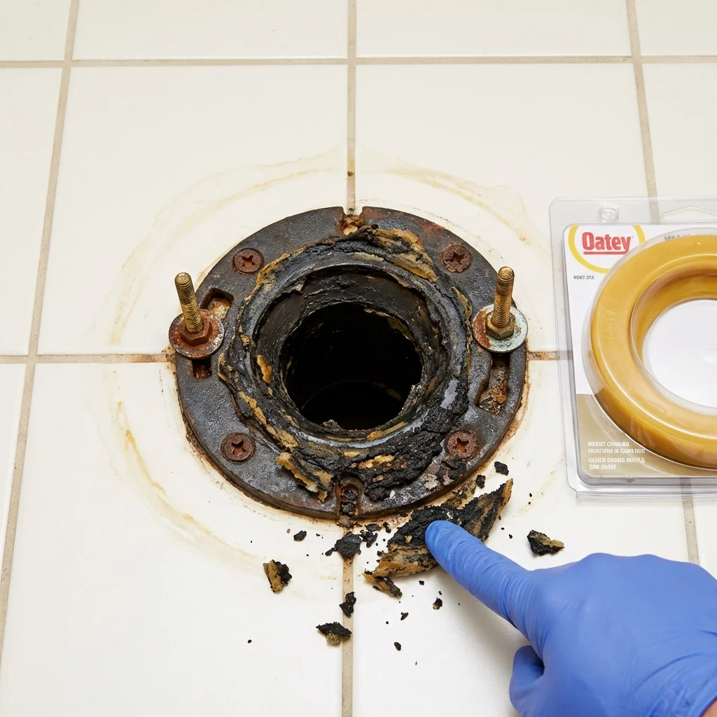 Failed wax ring showing water seepage at the base of a toilet in a Dakota City, NE home