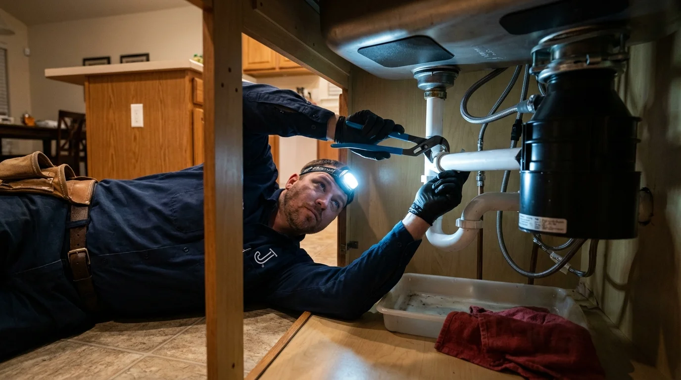 P-trap and supply line connections under a kitchen sink showing a common leak point in Dakota City, NE